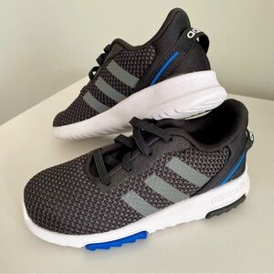 Adidas Kids Black and Gray Racer Sneakers with Blue Accents